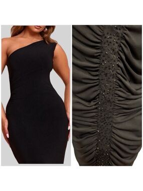 NWT JESSICA Black One Shoulder Ruched Crystal Accent Dress Plus Size 16